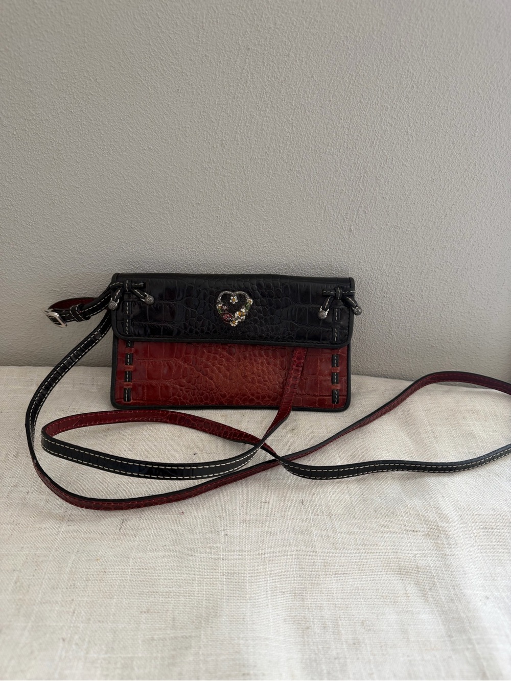 Brighton Leather Croc Embossed Red and Black Crossbody Bag